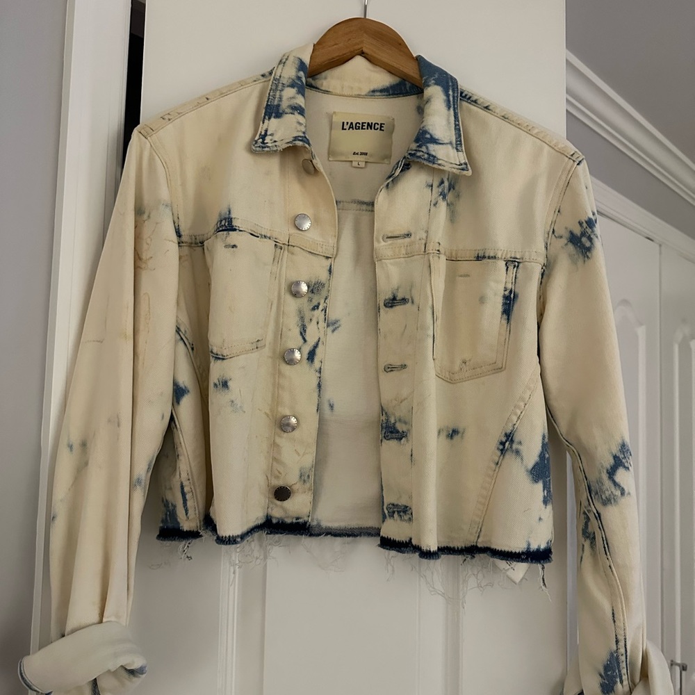 L’Agence Cropped Denim Jacket white and blue wash